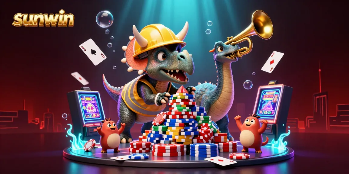 Sunwin showcases a vibrant scene with a triceratops and parasaurolophus celebrating poker chip victories