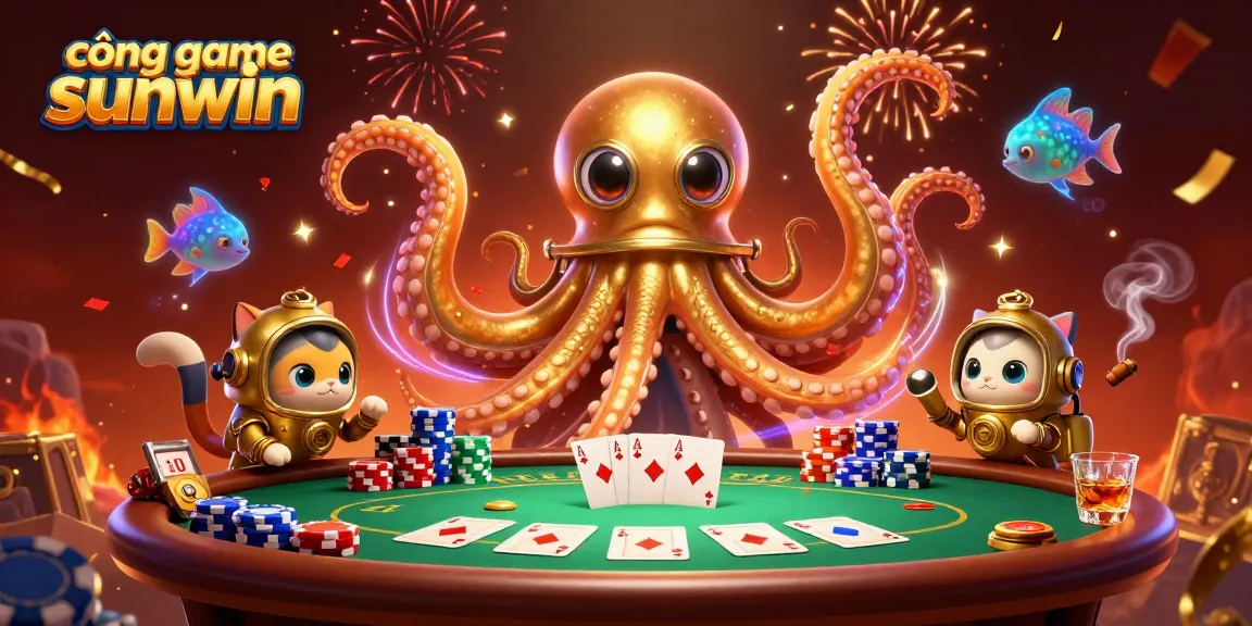 Experience the thrill at cổng game sunwin with a fun scene featuring a kraken, diving cat, and vibrant poker elements.