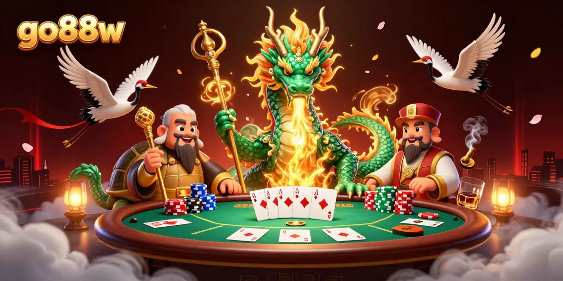 Experience excitement with go88w, an illustration of legendary creatures in a bustling casino.